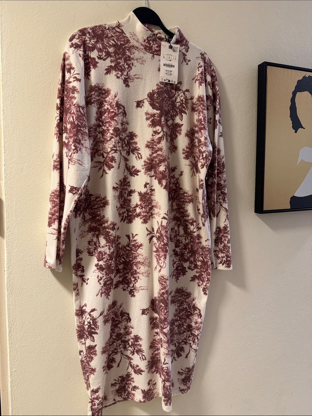 Zara Cream and Burgundy Floral flanel Turtleneck
